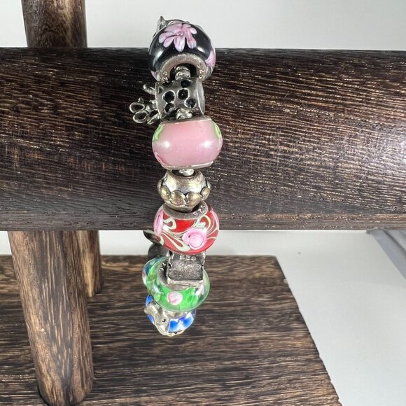 925 Sterling Silver Slide Bracelet With 10 Murano Glass Beads & 10 Sterling Silv - Picture 2 of 5